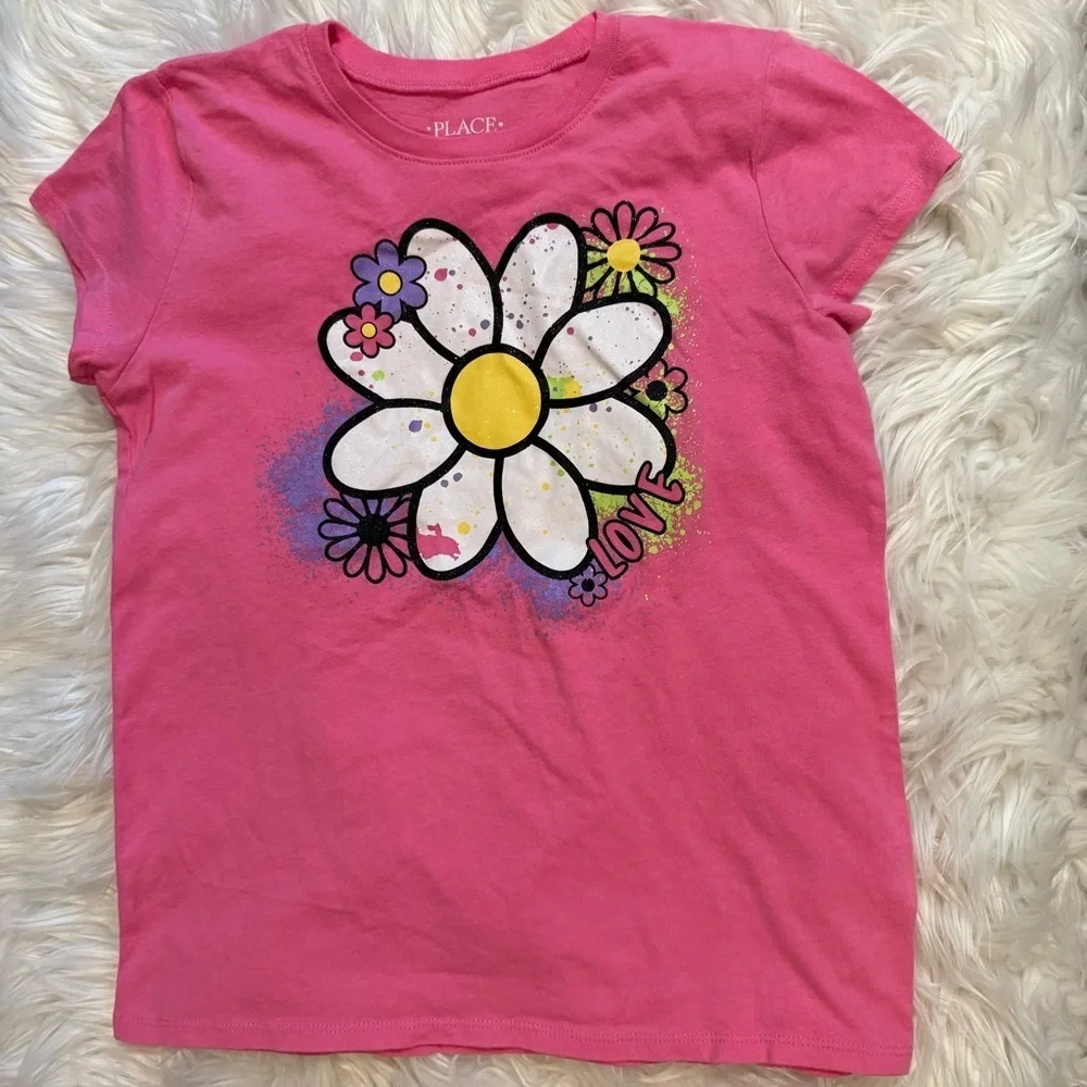 Girls Pink Floral Love Graphic Tee Size‎ L 10/12 Short Sleeve Cotton Top